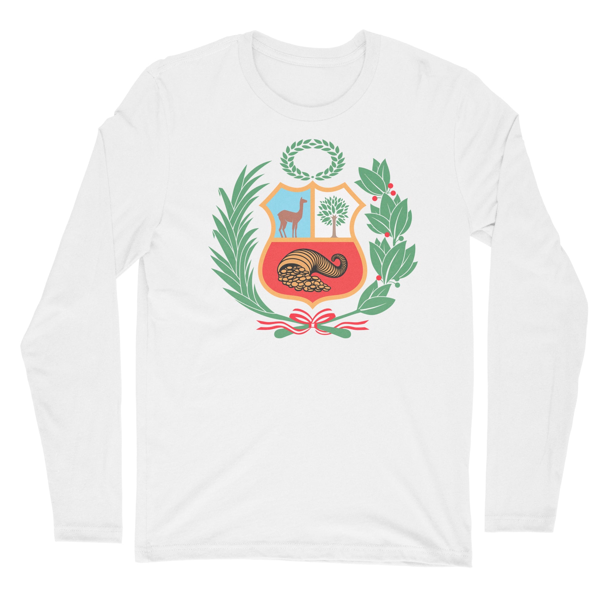 Peru Escudo White Full Color Long Sleeve Crewneck Shirt for Men