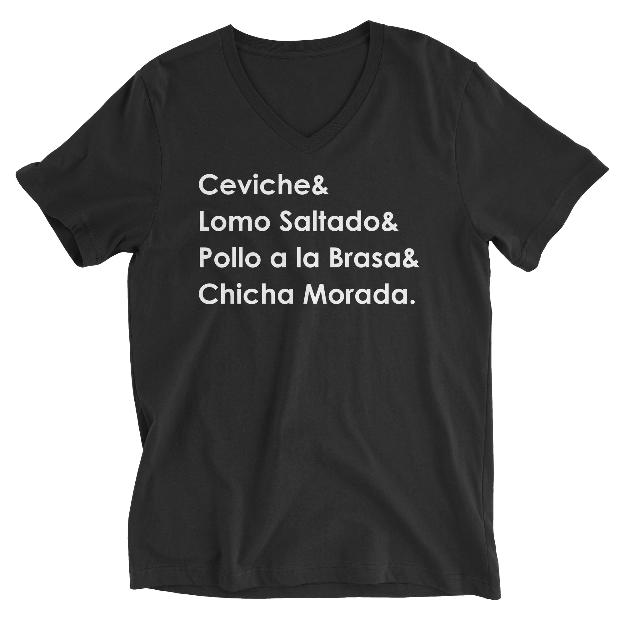 Peruvian Food Black V-Neck T-Shirt - Ceviche, Lomo Saltado, Pollo a la Brasa, Chicha Morada