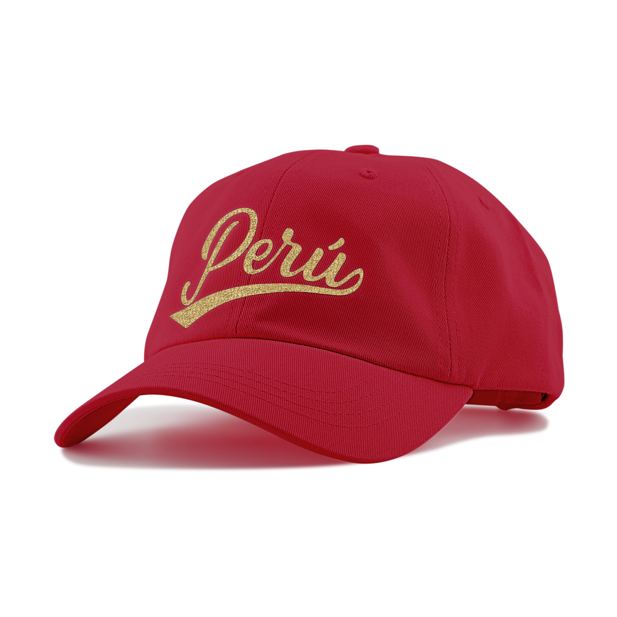 Peru Cursive Dad Hat - Unstructured - Red - Gold Glitter