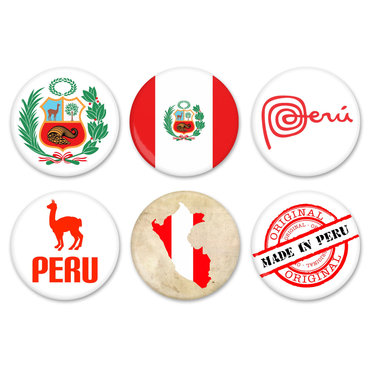 Peru Pins 6 Pack - Peru Escudo, Peruvian Flag, Marca Peru, Peru and Llama, Map of Peru, and Made in Peru Seal