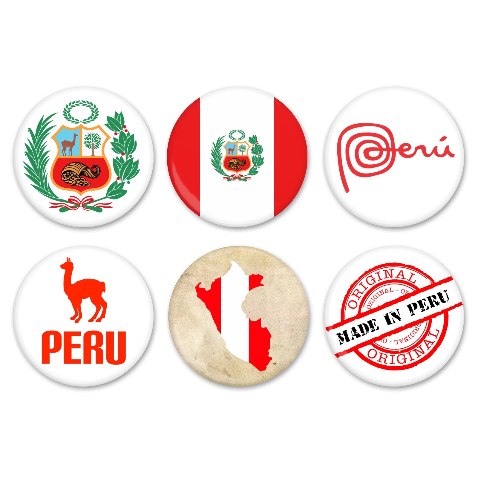 Peru Pins 6 Pack - Peru Escudo, Peruvian Flag, Marca Peru, Peru and Llama, Map of Peru, and Made in Peru Seal