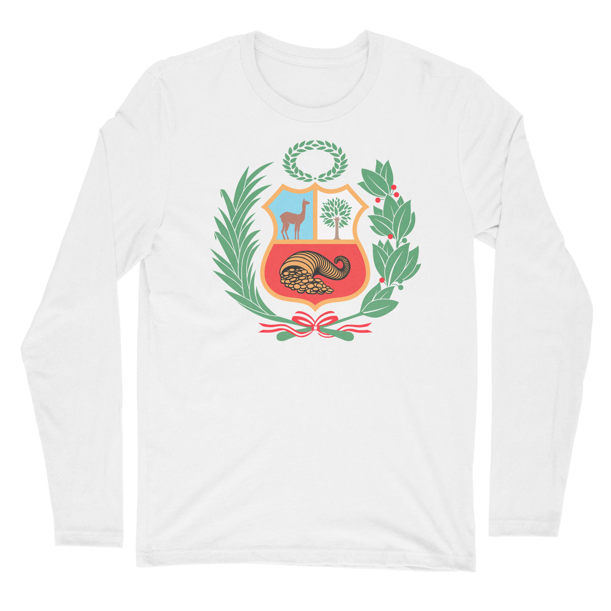 Peru Escudo White Full Color Long Sleeve Crewneck Shirt for Men