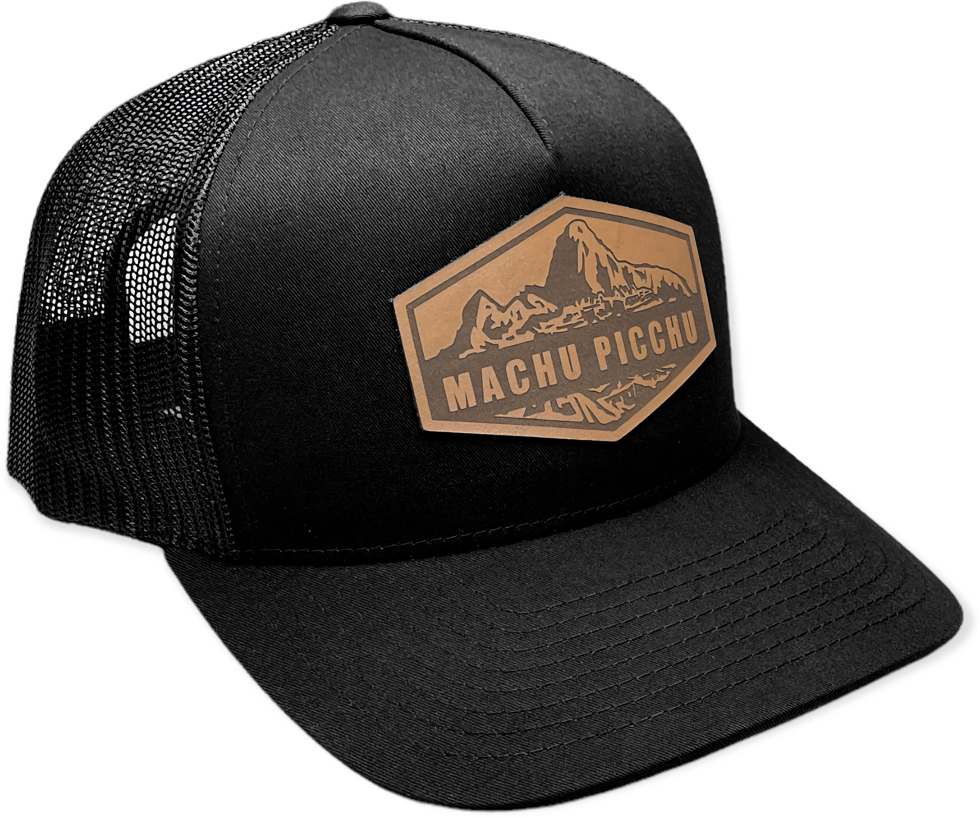 Machu Picchu Leather Patch Trucker Hat - Black