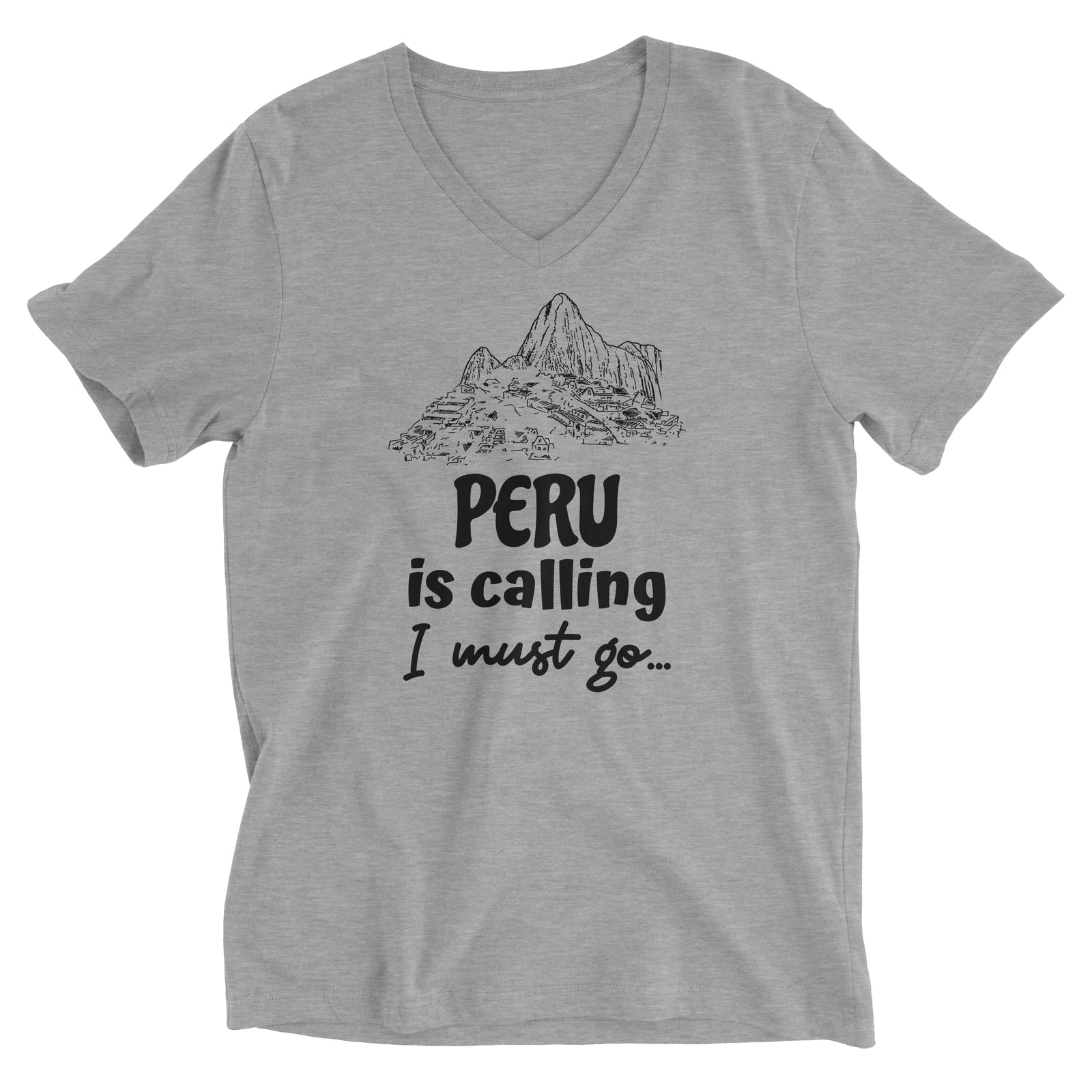 Peru is Calling I Must Go Machu Picchu Heather Grey Short Sleeve V-Neck T-Shirt for Men