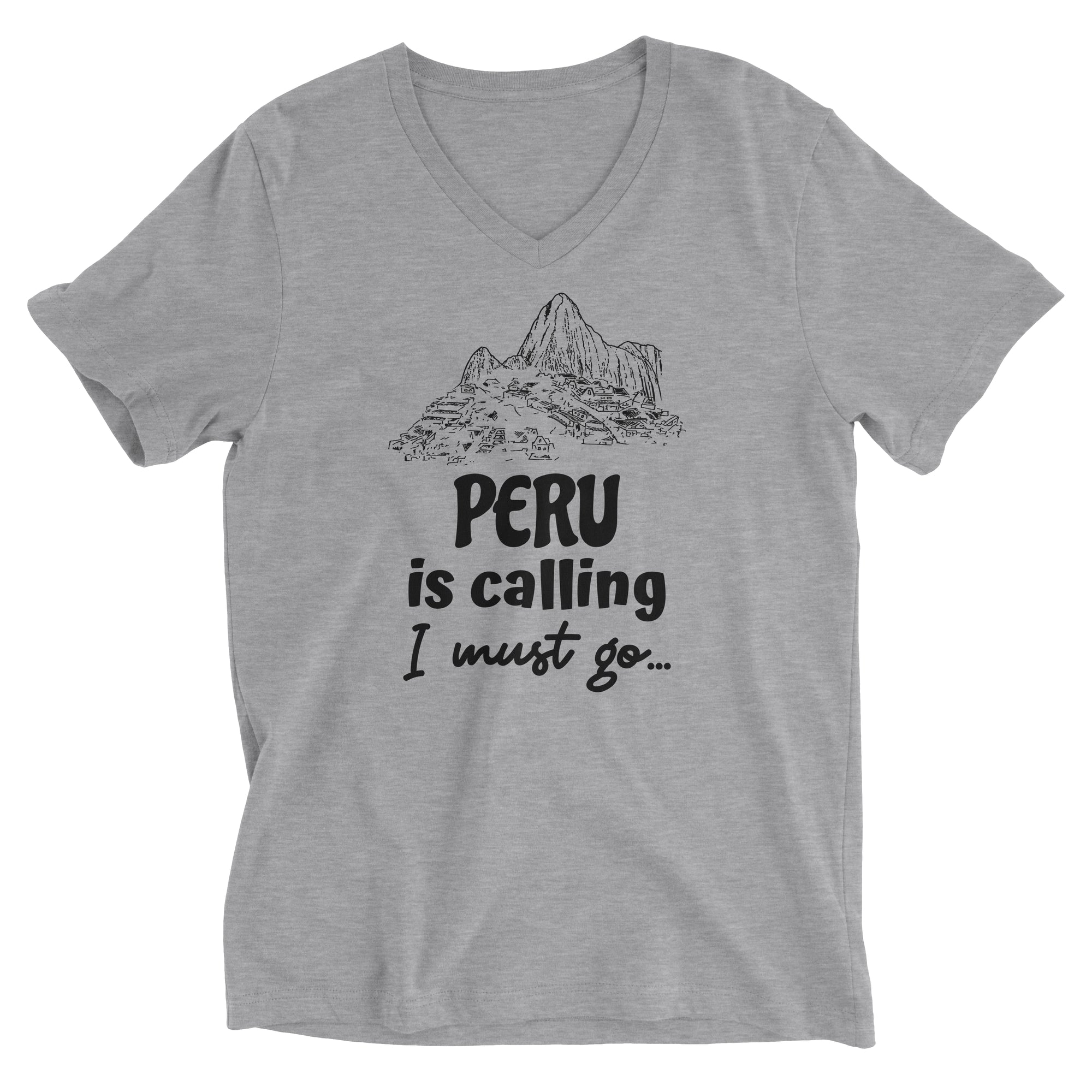 Peru is Calling I Must Go Machu Picchu Heather Grey Short Sleeve V-Neck T-Shirt for Men