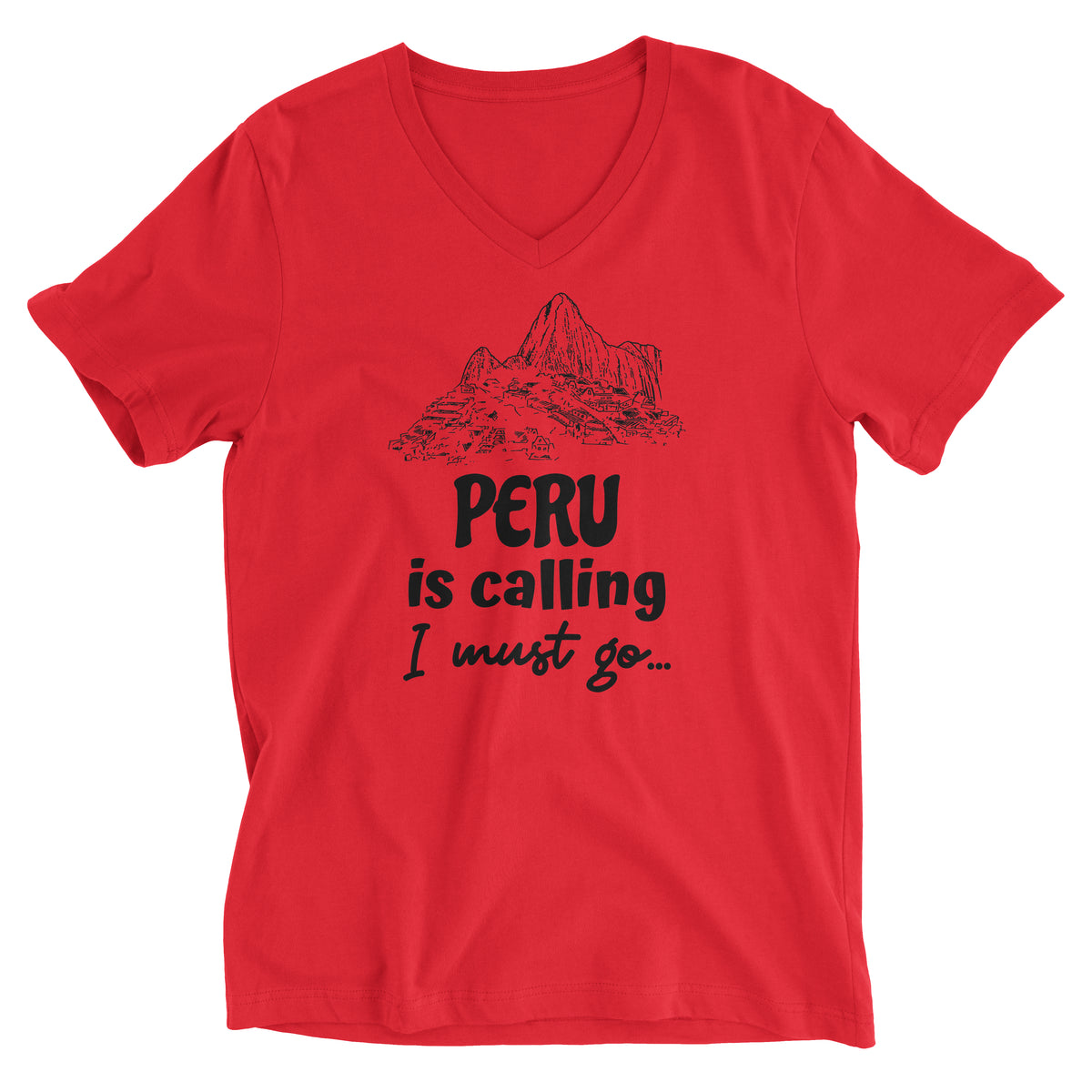 Peru is Calling I Must Go Machu Picchu Red Short Sleeve V-Neck T-Shirt for Men