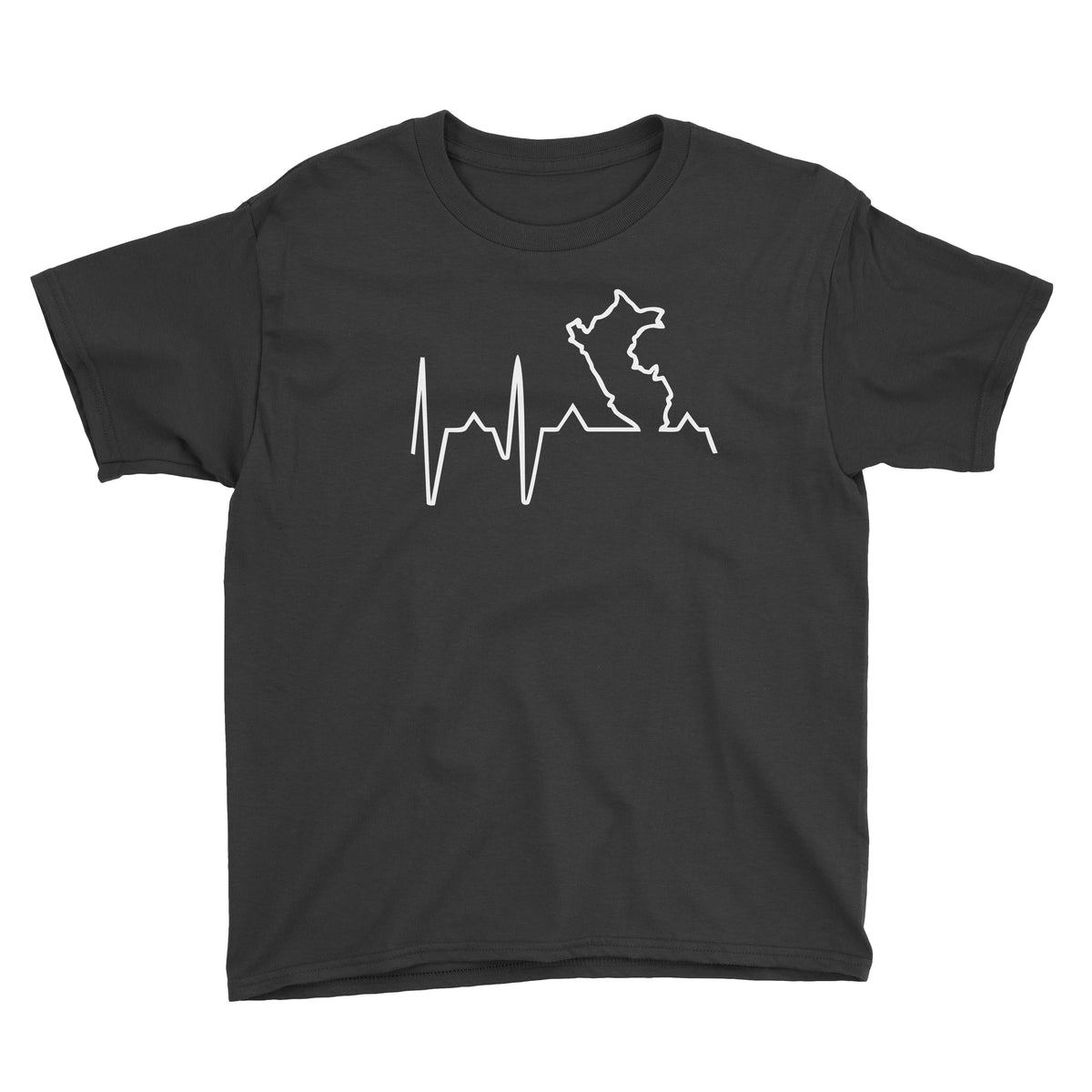 Peru Map Heartbeat EKG Line Black Short Sleeve Crewneck T-Shirt for Kids
