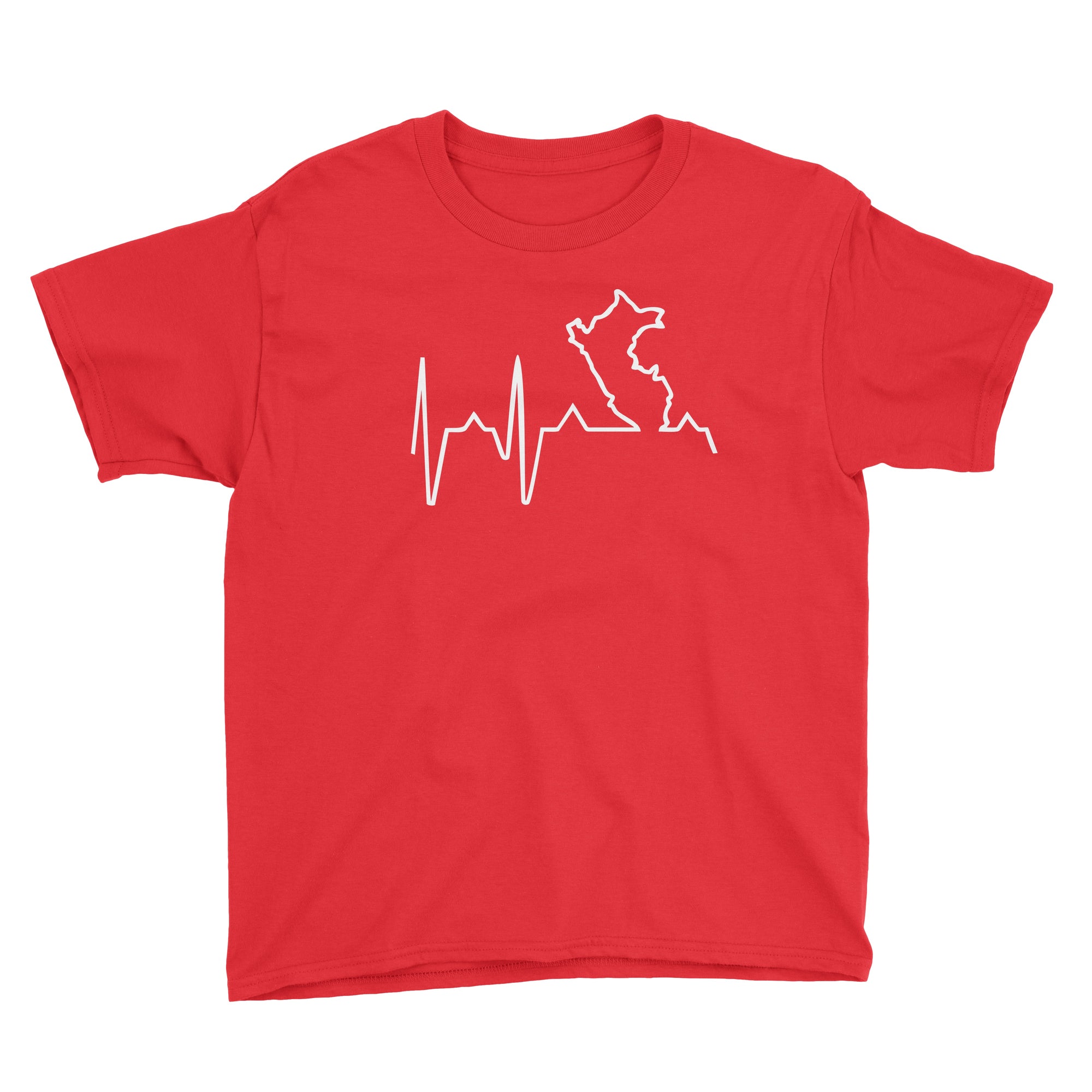 Peru Map Heartbeat EKG Line Red Short Sleeve Crewneck T-Shirt for Kids