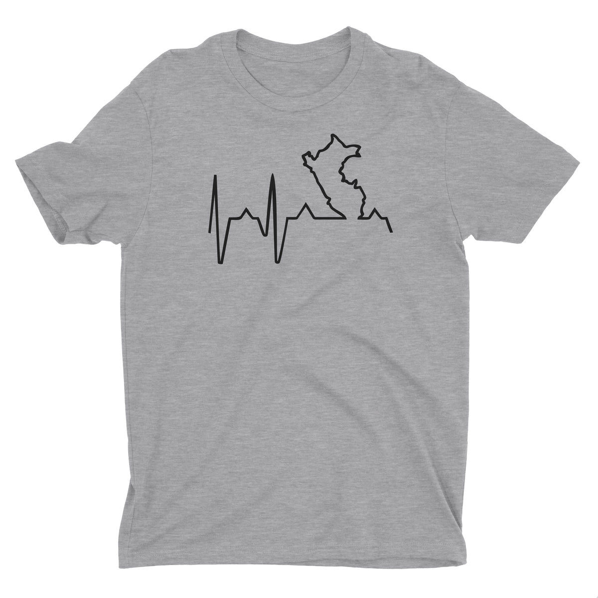 Peru Map Heartbeat EKG Line Heather Grey Short Sleeve Crewneck T-Shirt for Men