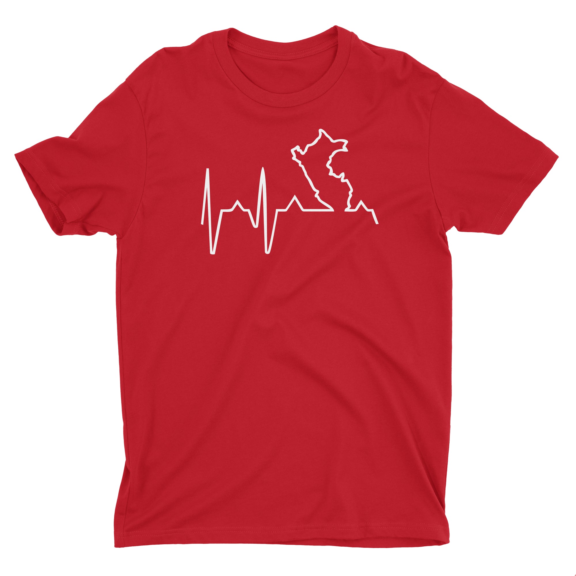 Peru Map Heartbeat EKG Line Red Short Sleeve Crewneck T-Shirt for Men