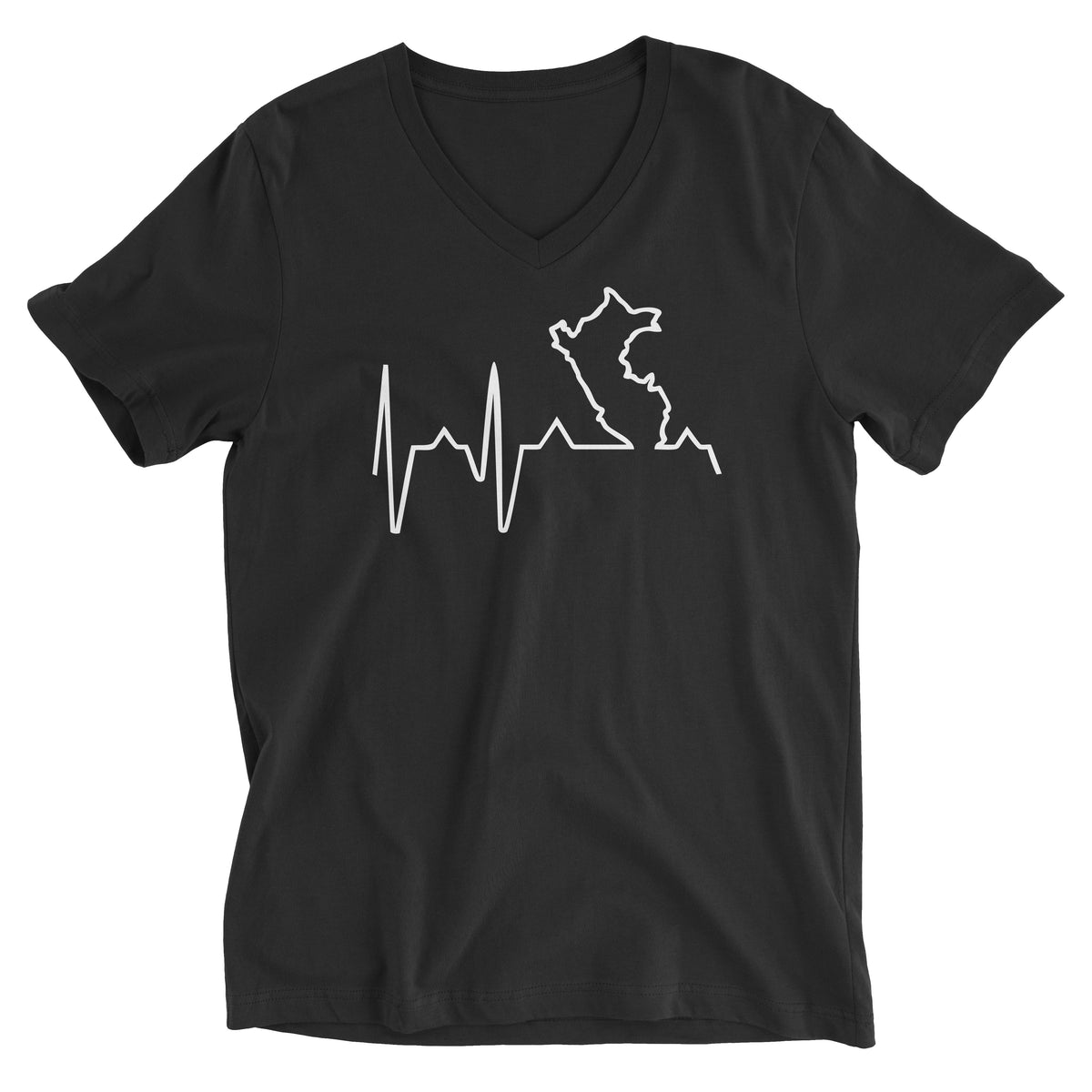 Peru Map Heartbeat EKG Line Black Short Sleeve V-Neck T-Shirt for Men