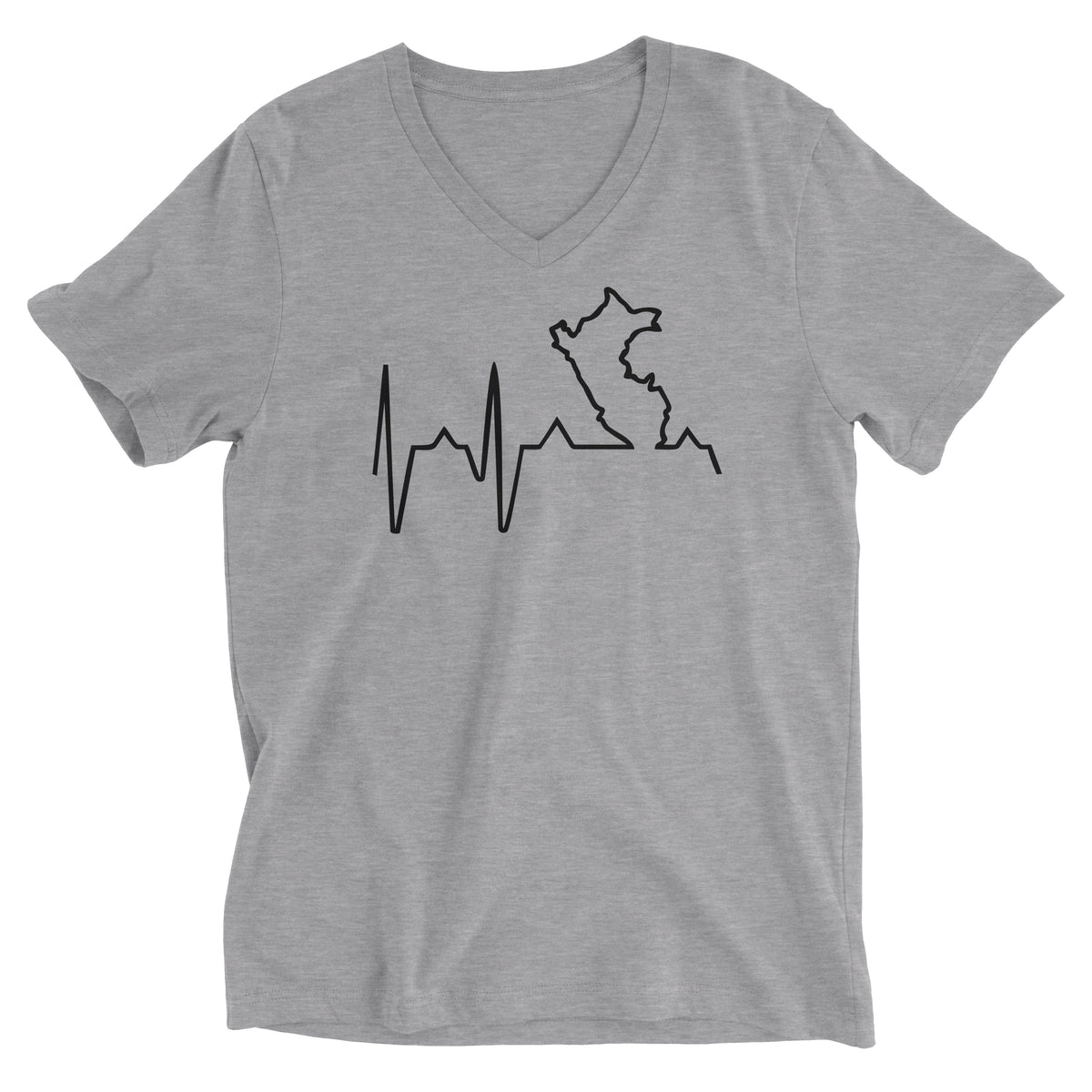 Peru Map Heartbeat EKG Line Heather Grey Short Sleeve V-Neck T-Shirt for Men