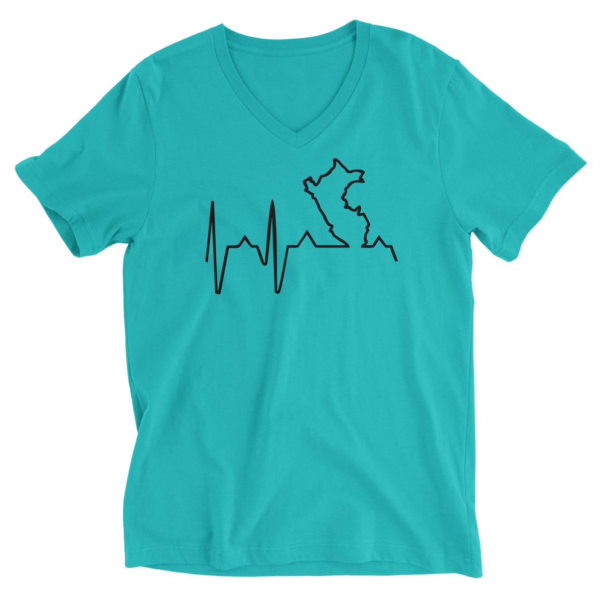 Peru Map Heartbeat EKG Line Tahiti Blue Short Sleeve V-Neck T-Shirt for Men