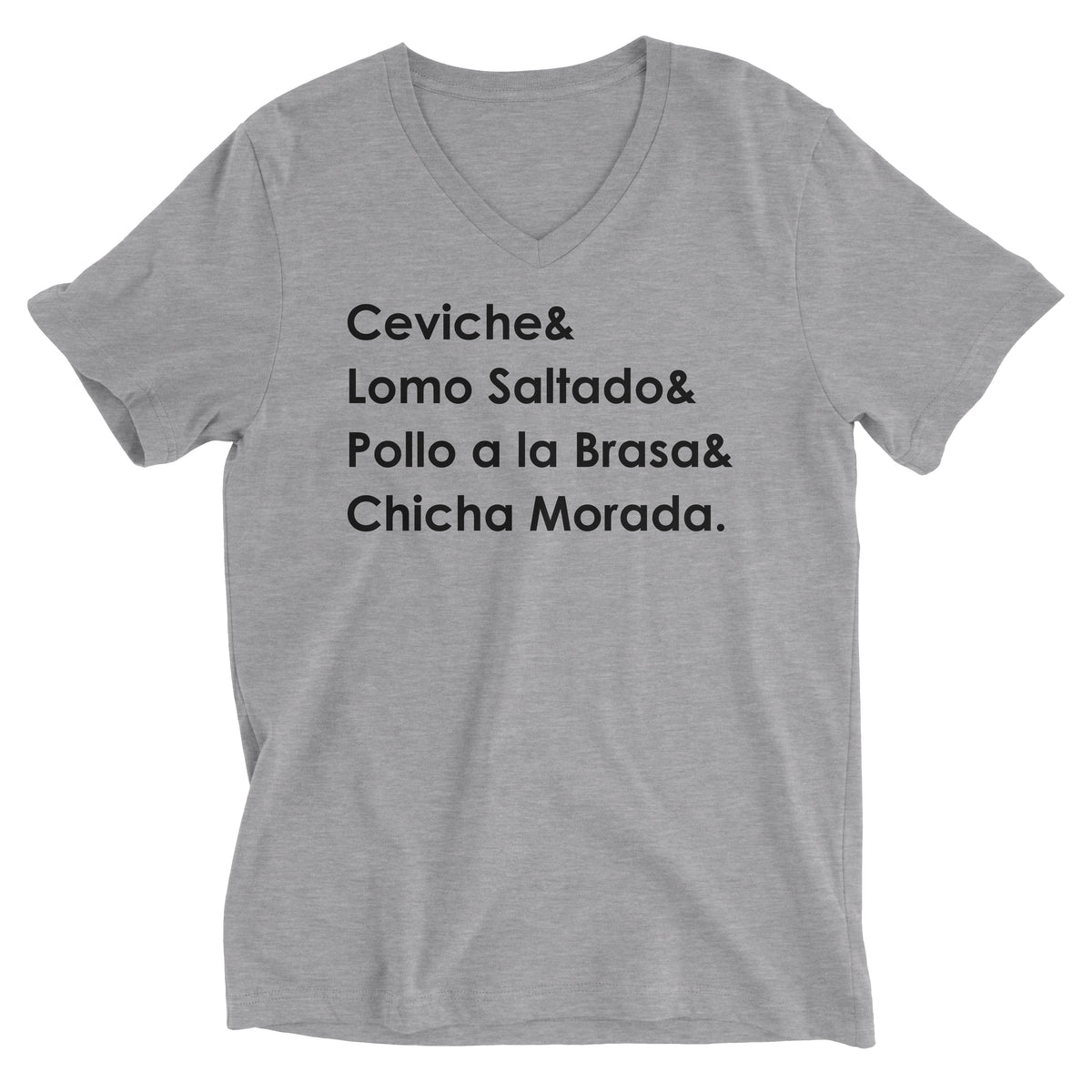 Peruvian Food Heather Grey V-Neck T-Shirt - Ceviche, Lomo Saltado, Pollo a la Brasa, Chicha Morada